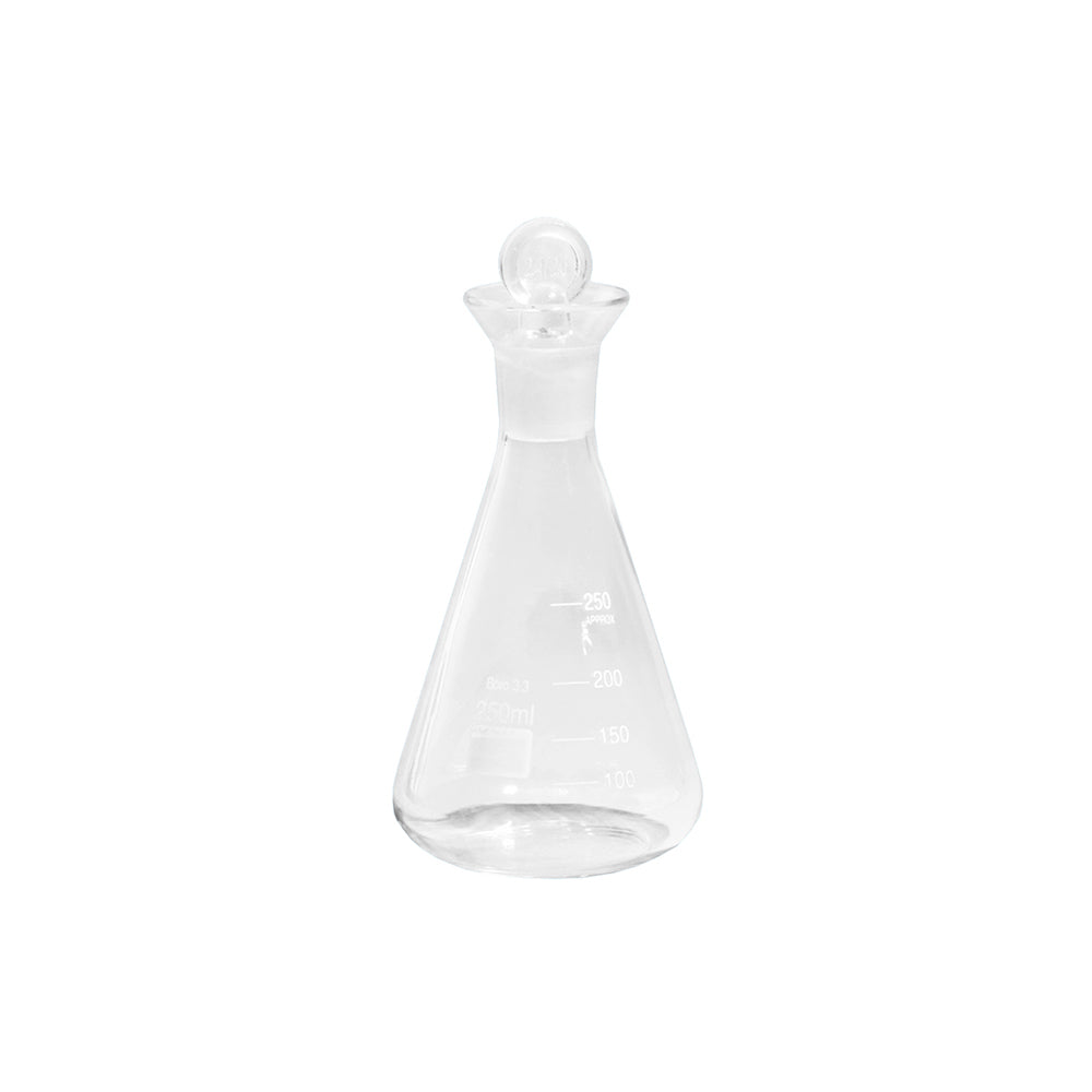 Iodine Flask, Conical, Wide Spout with Standard Ground Stopper, Boro 3.3 Glass, 1000mL, Bottle OD 130mm, 215mm H, 24 pcs/case