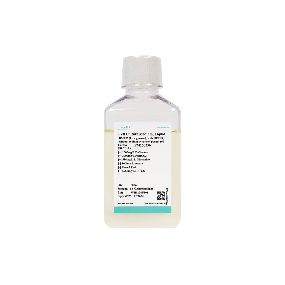 DMEM (Low glucose), with HEPES, without sodium pyruvate, phenol red, 500mL