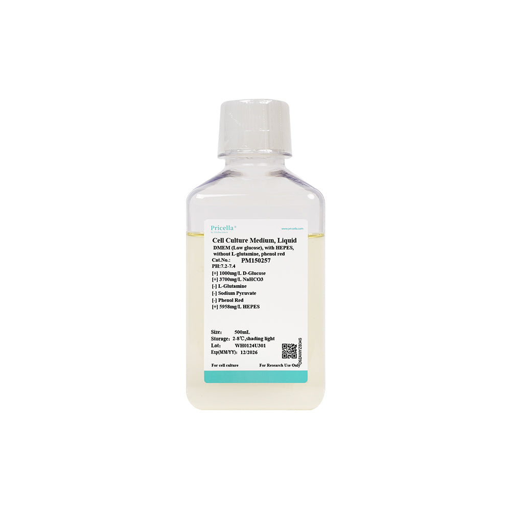 DMEM (Low glucose), with HEPES, without L-glutamine, sodium pyruvate, phenol red, 500mL