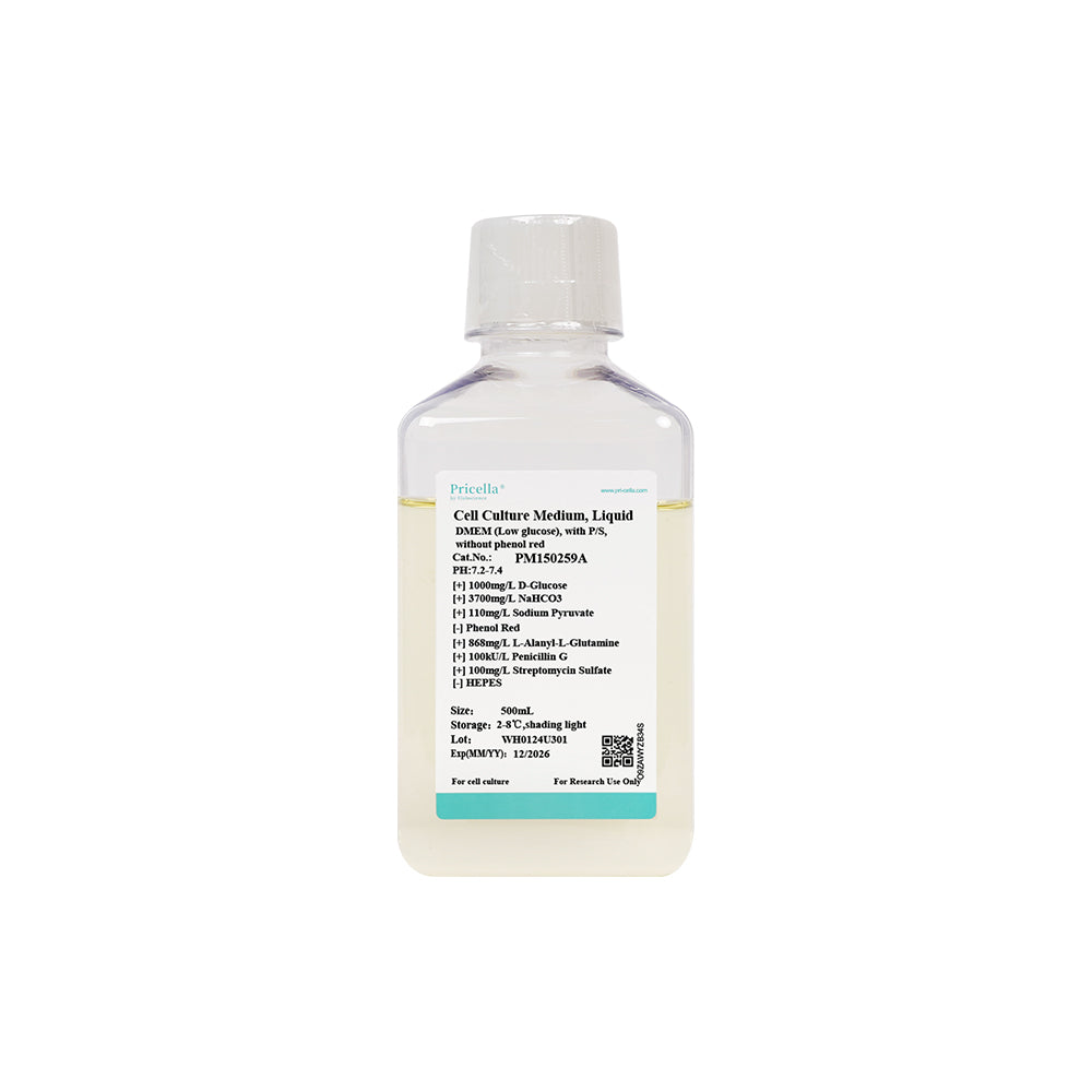 DMEM (Low glucose), with L-alanyl-L-glutamine, P/S, without phenol red, 500mL
