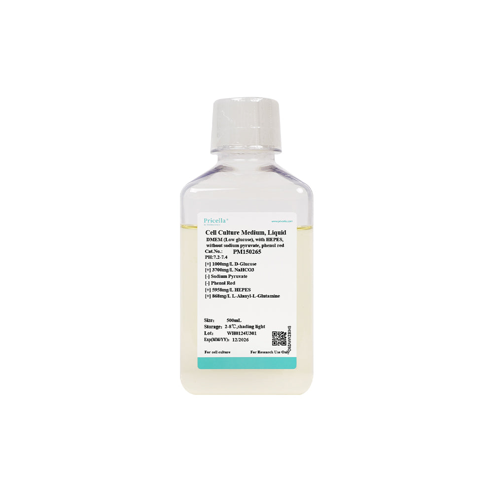 DMEM (Low glucose), with L-alanyl-L-glutamine, HEPES, without sodium pyruvate, phenol red, 500mL