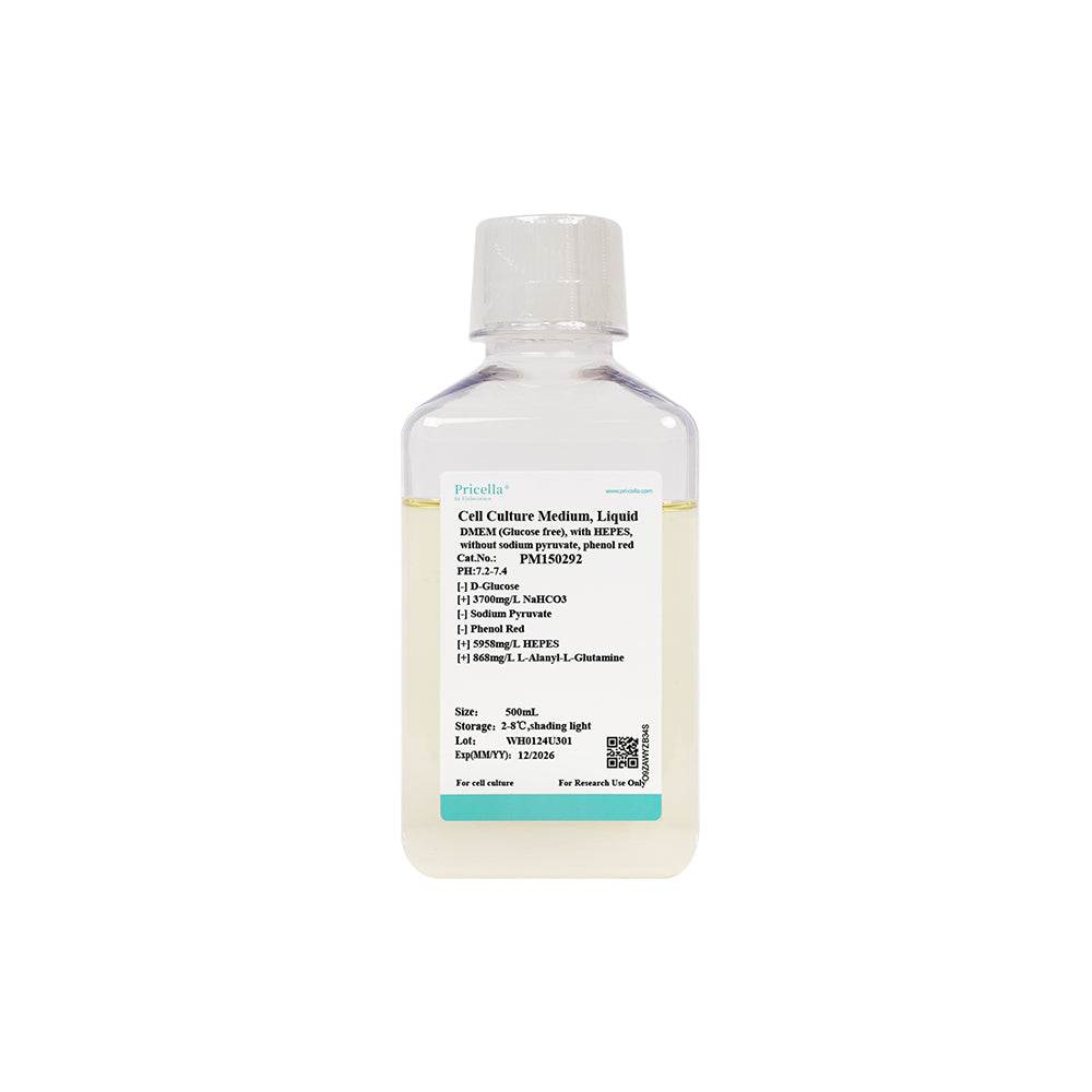DMEM（無葡萄糖），含 L-丙氨酰-L-谷氨酰胺、HEPES，不含丙酮酸鈉、酚紅，500mL