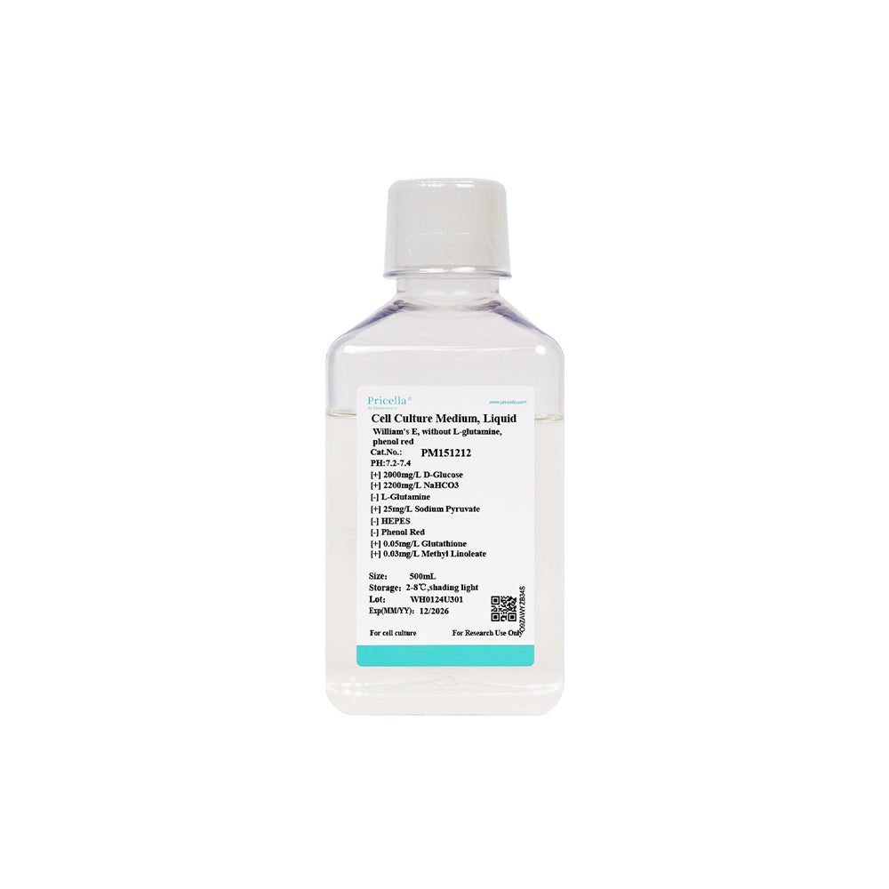 William's E, without L-glutamine, phenol red, 500mL
